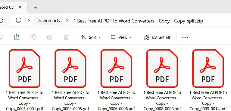 PDF Candy successfully split the 14-page PDF into five custom files: **page 1, pages 2–5, page 6, page 8, and pages 9–14**.