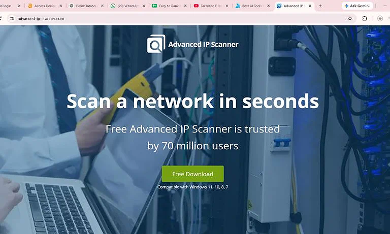 Image showing the official Advanced IP Scanner website with the free download option.
