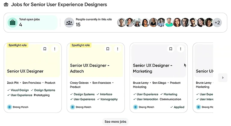 Eightfold AI interface illustrating recruitment workflows, sourcing trends, and talent rediscovery pools for UX design positions.