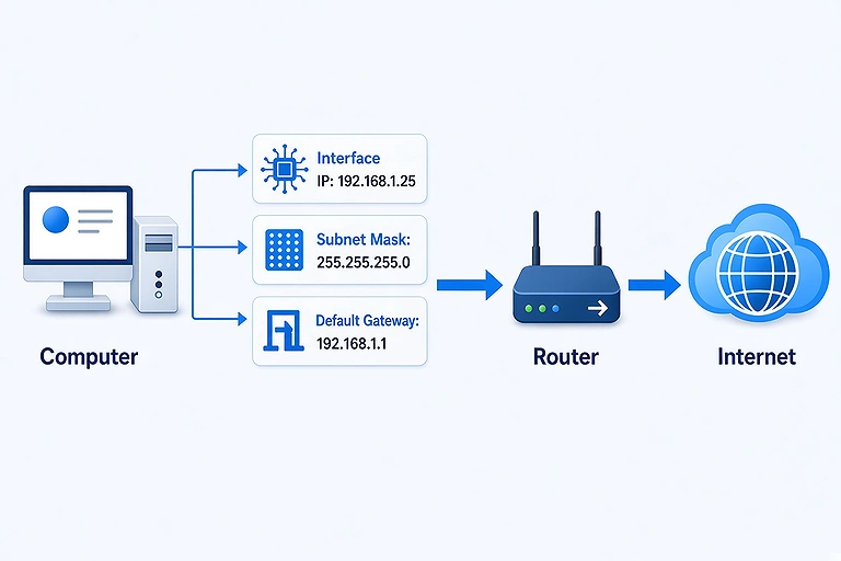 A computer’s Interface IP, Subnet Mask, Default Gateway connecting through the Router to Internet.