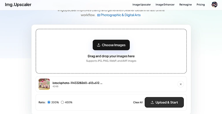 Img.Upscaler interface showing image upload, 200% and 400% ratio options, and the final download process.