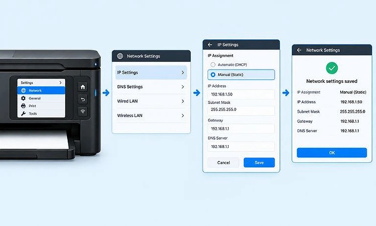 Image showing a printer’s Network Settings with a static IP configuration saved.