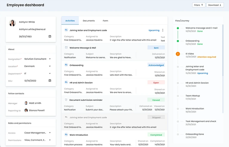 The Leena AI employee portal, displaying conversational workspace option, activities, and HR workflows.