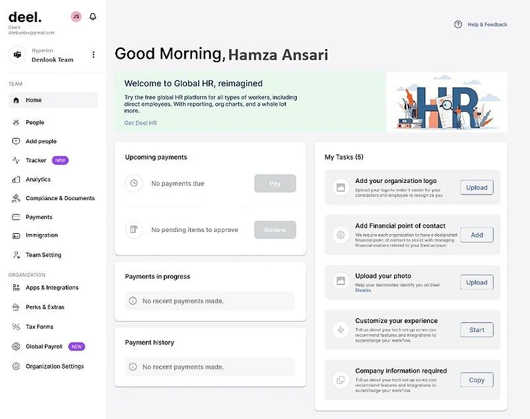 The Deel landing page, highlighting the platform’s global HR solutions.