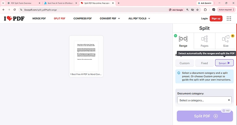 iLovePDF Custom Pages, Fixed Pages, prompt-based splitting, and Single Pages for flexible page selection.