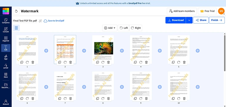 Smallpdf: Watermark preview showing no page control, with the watermark applied to all pages.