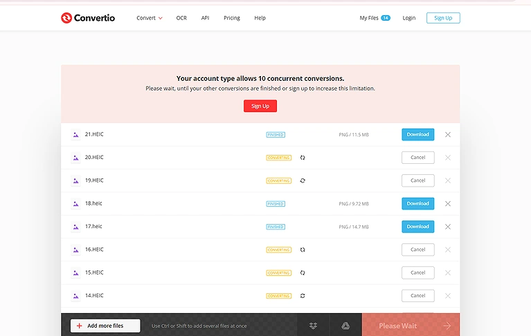 Free Limit: The image shows Convertio free conversion allowance of 10 images per day,