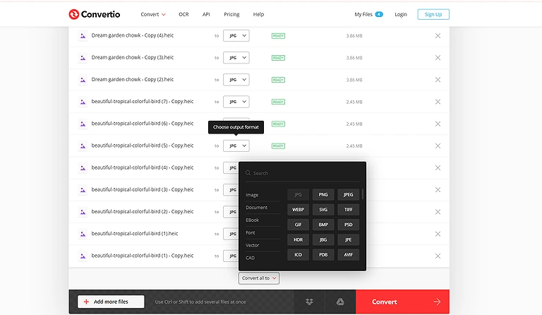 iLoveIMG’s output options, including individual selection and the “Select for all” option for batch conversions.