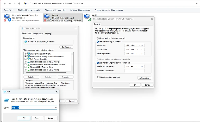 Windows Network Connections opened using the ncpa.cpl command to configure IPv4 settings.