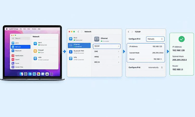 Image showing macOS Network settings with the IPv4 configuration set to manual.