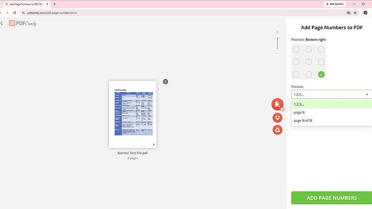 PDF Candy’s page-numbering interface showing 9 placement options and 3 predefined numbering formats.