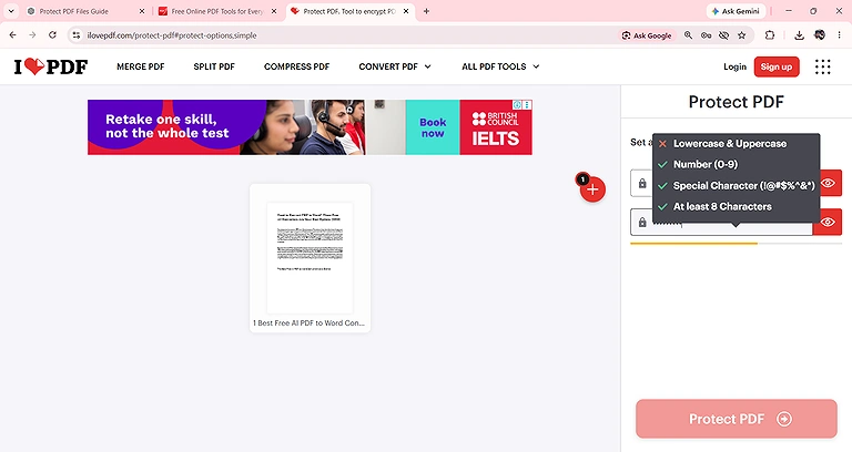 iLovePDF protection screen