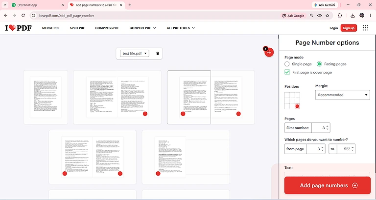 iLovePDF’s single-page and mirror-page numbering options, including the first-page cover setting.