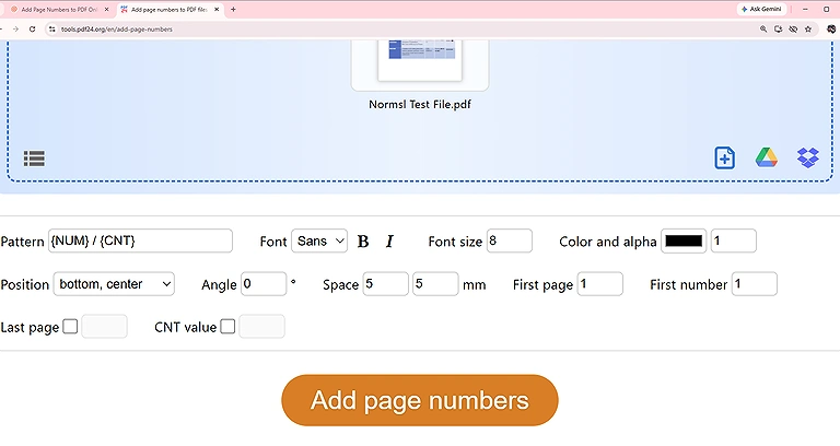PDF24 page-numbering interface showing custom pattern, font, position, size, color, and page-range controls.