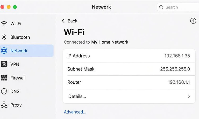 Image showing how to find a Mac’s IP address through System Settings > Network