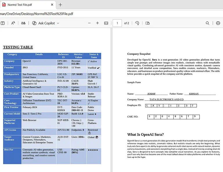 The given image is about a text-based PDF containing headings, paragraphs, tables, images, and form elements