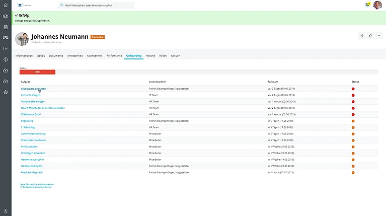 A look inside the Personio platform, showcasing a structured, step-by-step digital onboarding workflow for new employees.