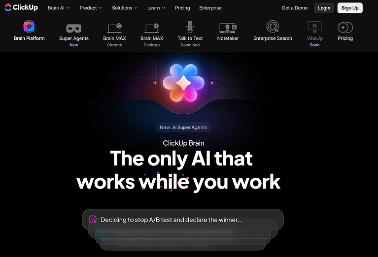 Official source view of ClickUp AI—the integrated assistant built to automate manual task updates, summarize long threads, and accelerate content creation.