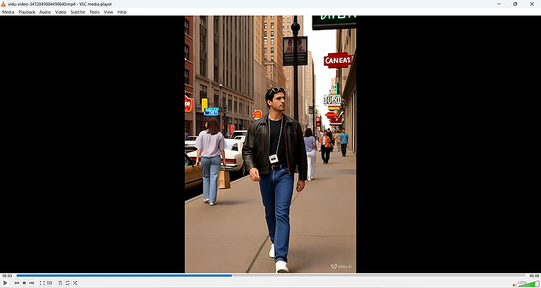 Vidu AI-generated 1980s-style video featuring retro fashion, vintage cars, and city street scene.
