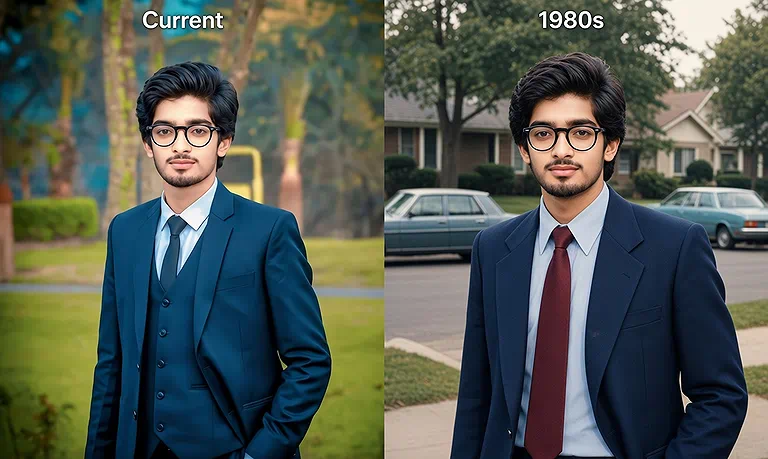 Modern suit on the left, fully restyled in authentic 1980s fashion, hair, and setting on the right