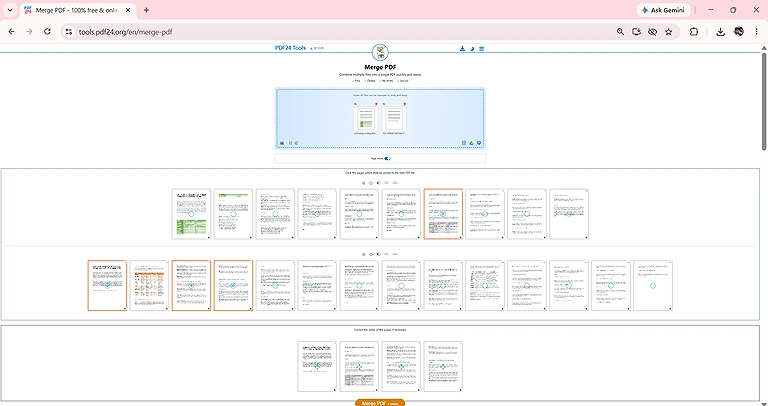 PDF24 Tools, four-section interface for uploaded pages and the final merged page order for easy organization.