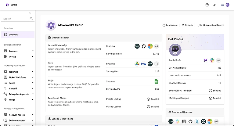 An infographic-style Moveworks overview showing a seamless flow of employee queries being resolved by an AI chatbot, with icons for IT, HR