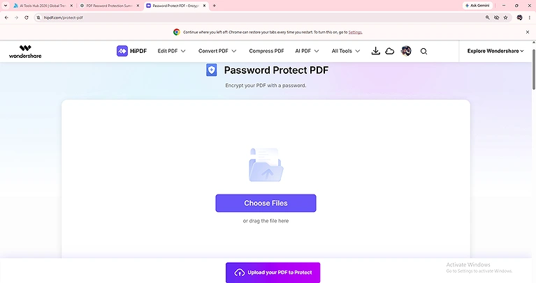 Open HiPDF and select its PDF protection tool, Upload the PDF you want to secure.