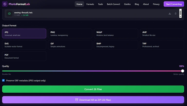 iLoveIMG successfully converted 26 HEIC files at once and provided the results as a downloadable ZIP file.