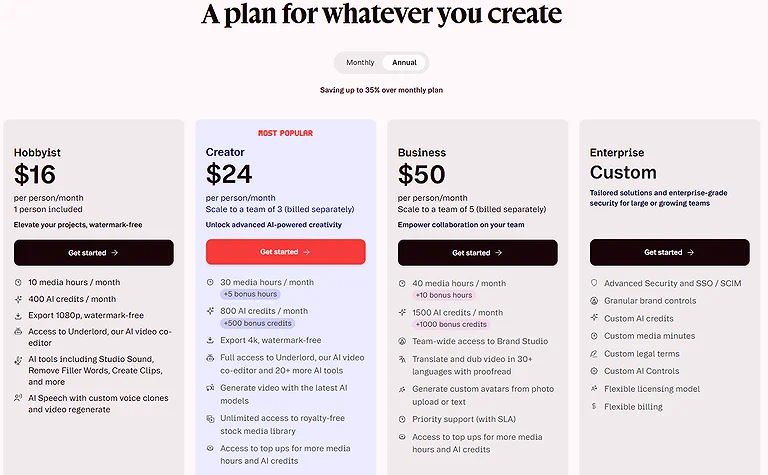 Overview of the Descript pricing plans and subscription tiers.