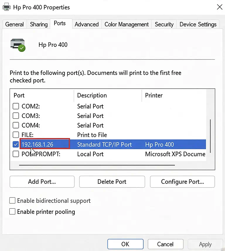 Windows printer properties showing Hp Pro 400 configured on TCP/IP port 192.168.1.26.
