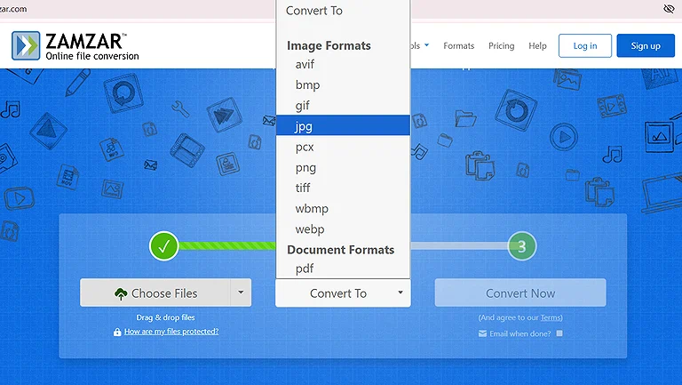 Zamzar supports HEIC and HEIF input, with JPG, PNG, WebP, and other common output formats.