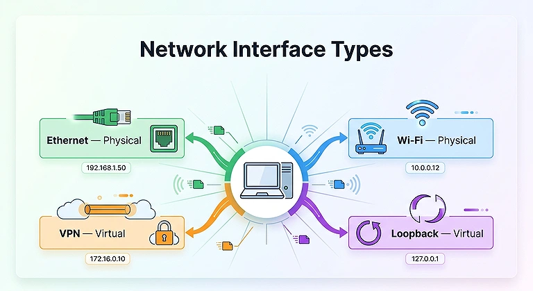 Physical and virtual network interfaces with their IP addresses connected to a central computer.