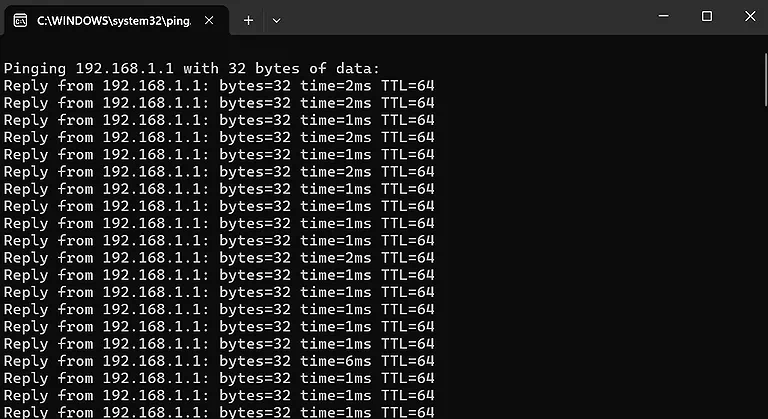 Ping test showing a successful response from the IP address 192.168.1.1.