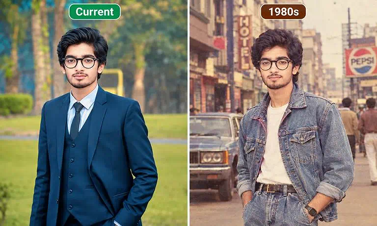 Original photo alongside the ChatGPT generated 1980s style transformation.