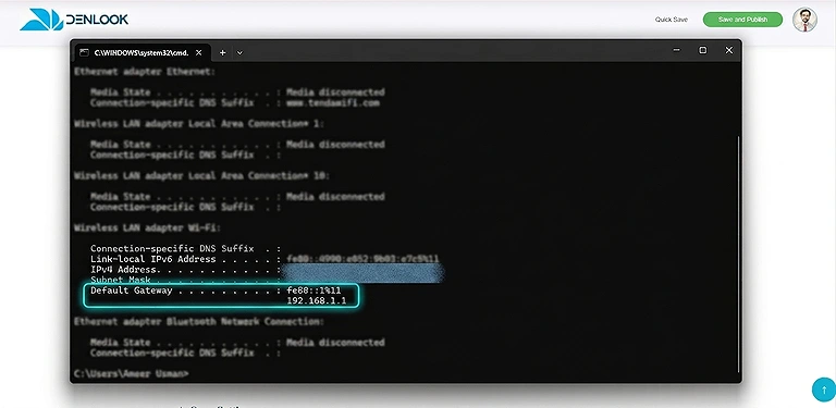 Windows Command Prompt displaying default gateway IP address used to identify the router on the network.
