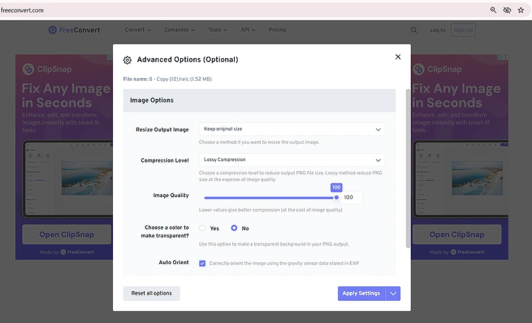 The Image shows available options for resizing, compression, quality, transparency, orientation, and metadata.