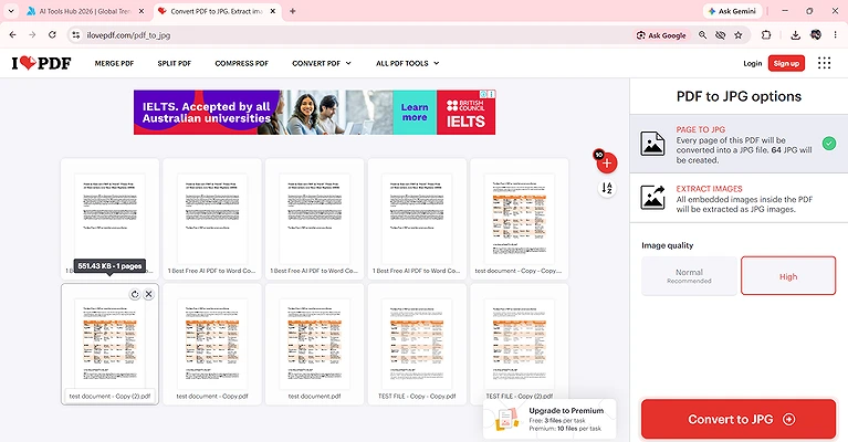 3 PDF files per task in the free (10 in Premium) and choose Normal or High image quality before conversion.