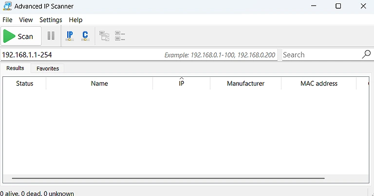 Image showing Advanced IP Scanner with an IP range and Scan button ready to start a network scan.