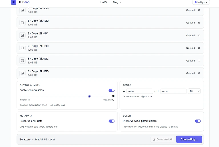 The image highlights Save/Skip metadata controls, support for up to 50 images, and available output settings.