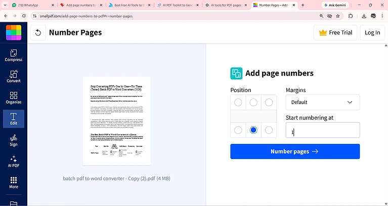 Smallpdf’s page-numbering interface showing position, margin, and starting-number controls.