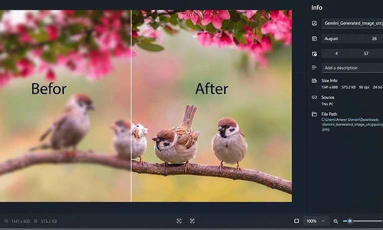 Gemini sharpening before-and-after comparison, showing improved clarity, output resolution, and file size.