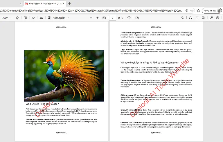 iLovePDF: Watermark controls appear below the text, with image options underneath.